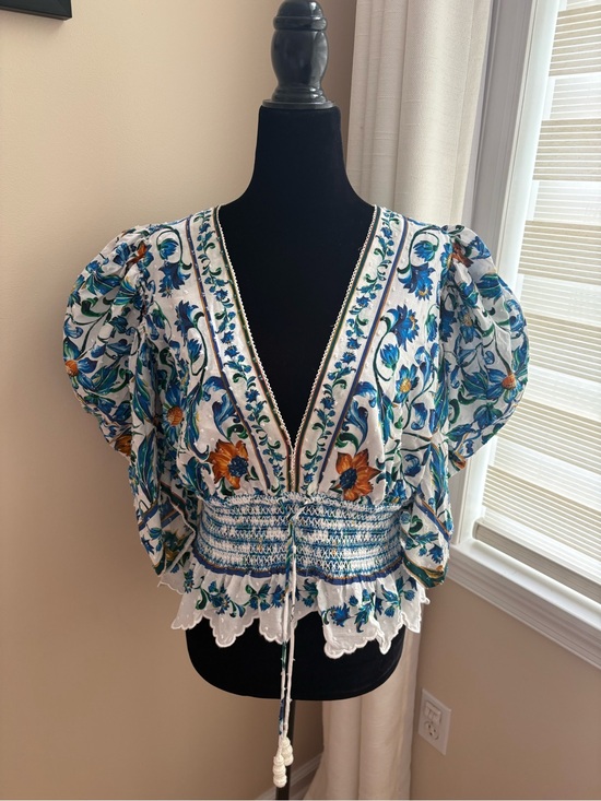 FARM Rio Tops - Farm Rio Fiora Tile Puff Sleeve Top- Like New - Anthropologie - $198 Retail